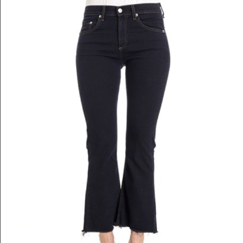Rag & Bone Women's Jeans 10" Crop Flare Raw Hem Dark Wash Dune Sz 28